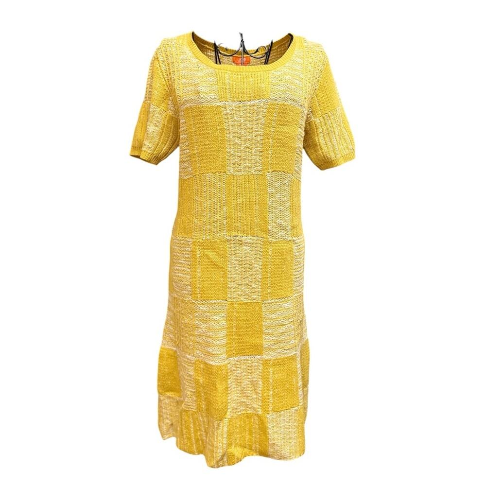 Joe Fresh Yellow Patchwork Knit Short-Sleeve Mini Sweater Dress Medium